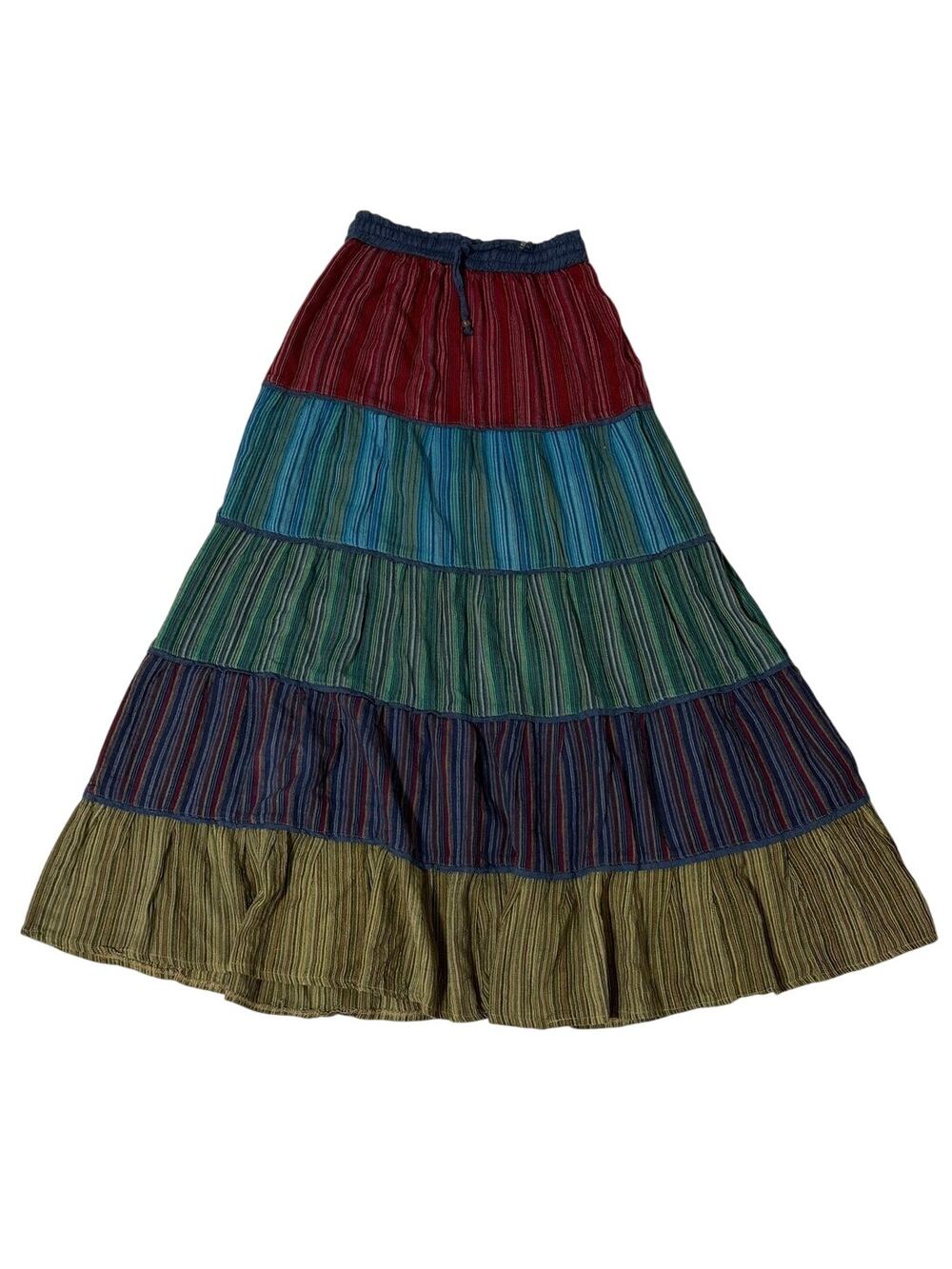 Blue Sky Multicolored Patchwork Boho Tiered Maxi Skirt, Size S